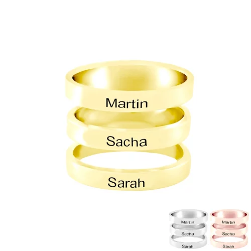 Bijou personnalisée bague personnalisable avec 3 prénoms en plaqué or 18 carats vous pourrez graver une inscription sur chacun des 3 anneaux qui compose la bague.