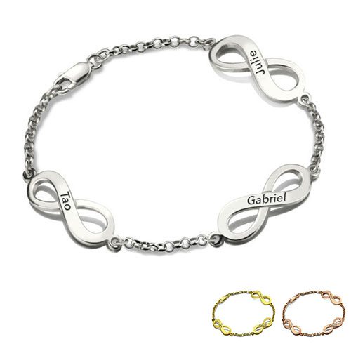 Bracelet Infini 3 pendentifs à personnaliser bracelet prénom disponible en argent plaqué Or / plaqué Or rose 18 carats sur notre boutique