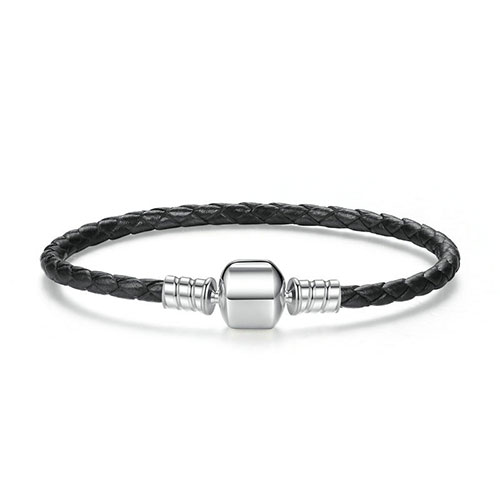 Bracelet charm en cuir tressé noir en Argent Massif 925 • Ce bracelet est compatible avec : les charms Pandora, charms Soufeel, Happy Charms, Troll Beads.