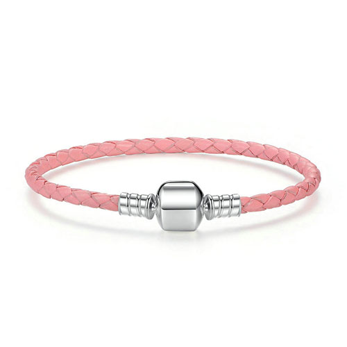 Bracelet charm en cuir tressé rose et Argent Massif 925 ce bracelet est compatible charms Pandora, charms Soufeel, Happy Charms, Troll Beads