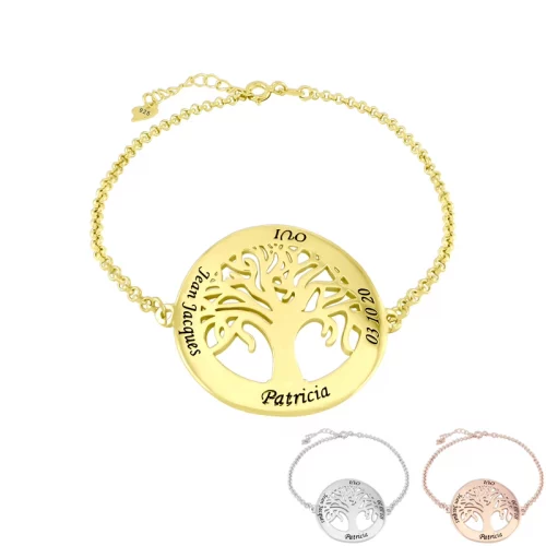Bracelet arbre de vie personnalisé en plaqué or 18 carats bijou personnalisable avec 4 inscriptions de votre choix