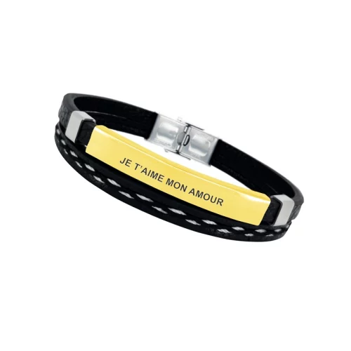Bracelet en cuir souple noir pour homme avec une plaque personnalisable couleur or gravé avec un message