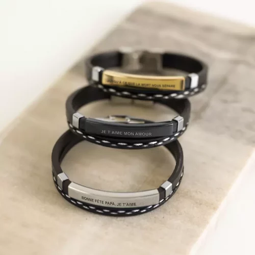 Trois bracelets personnalisables pour homme en cuir souples et plaque en acier inoxydable gravée