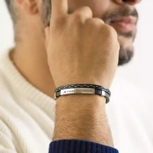 Élégant bracelet personnalisable pour homme en cuir souple noir et plaque en acier inoxydable argent
