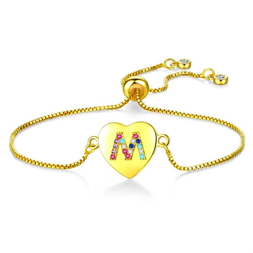 Bracelet coeur alphabet personnalisé avec pierre de couleurs