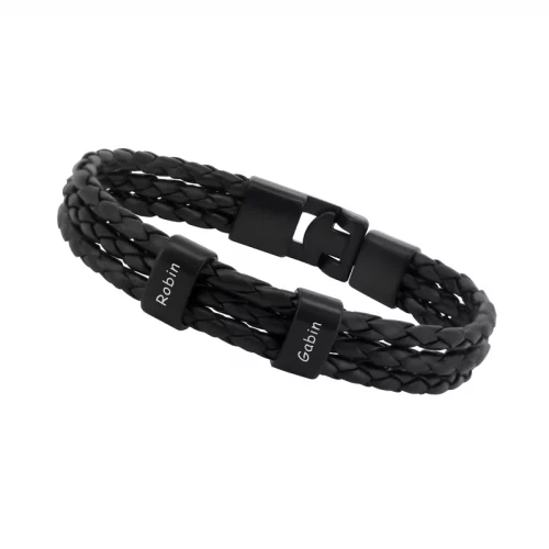 Bracelet en cuir noir avec 2 perles à graver en acier inoxydable