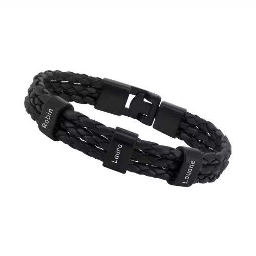 Bracelet en cuir noir avec 3 perles personnalisables en acier inoxydable noir