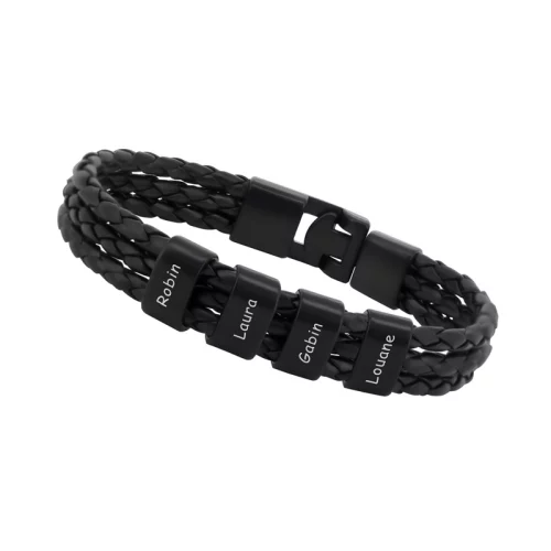 Bracelet en cuir noir avec 4 perles personnalisables en acier inoxydable