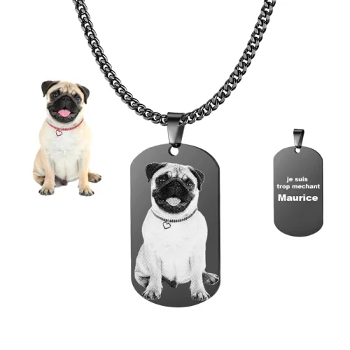 Collier plaque personnalisée avec photo Dog Tag en acier inoxydable 316L noir à graver