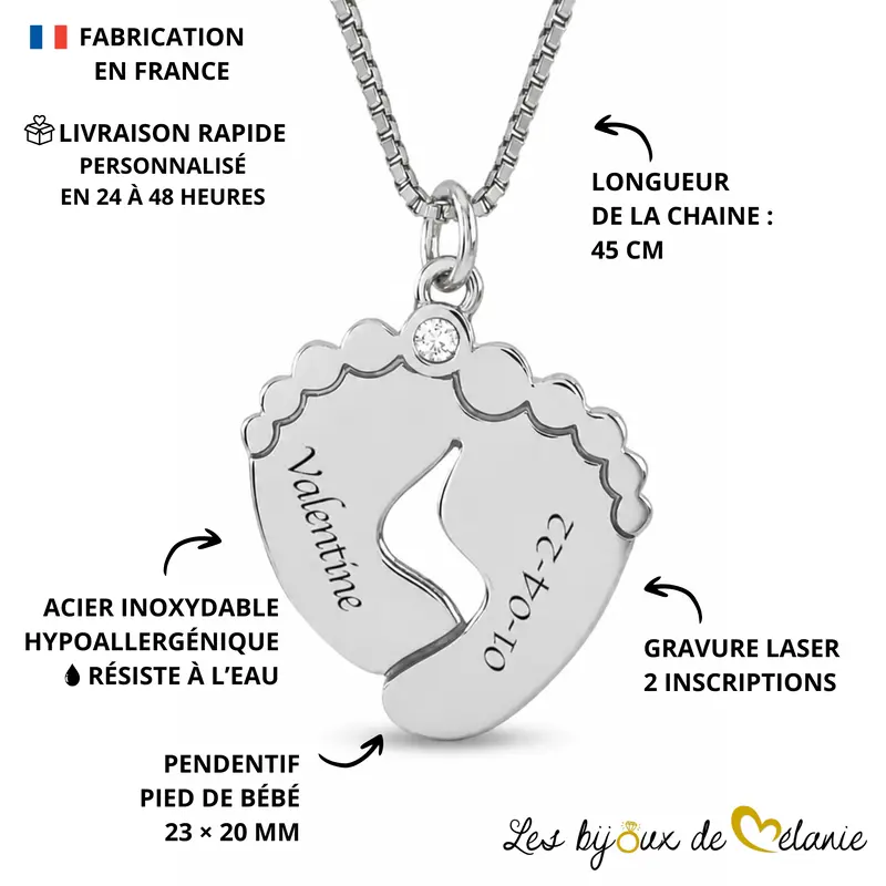 Caractéristiques - Pendentif pieds de bébé personnalisé - Les Bijoux de Mélanie