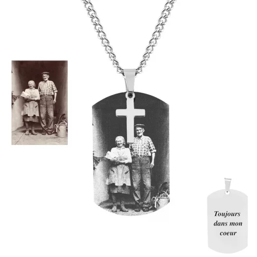 bijou commémoratif avec photo gravée sur une plaque en acier inoxydable argent