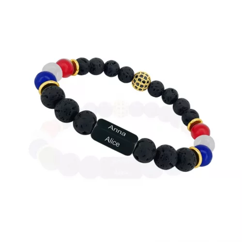 Bracelet personnalisé gravé avec prénoms en pierres naturelles de lave et pierres bleu blanc rouge en noir et doré