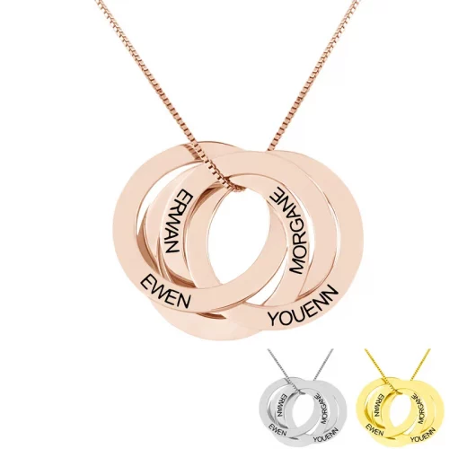 Bijou personnalisé Collier 4 anneaux gravés en plaqué or rose 18 carts ajoutez jusqu'à 4 inscriptions de votre choix sur chacun des anneaux