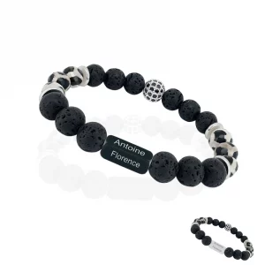 Bracelet énergétique agate tibétaine personnalisé, bijou pour homme et femme composé de perles naturelles, pierre de lave et agate tibétaine personnalisable avec prénom