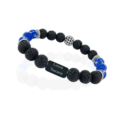 Bracelet énergétique howlite bleue personnalisé, bijou en pierre naturelles avec plaque en acier inoxydable noir personnalisable avec prénom