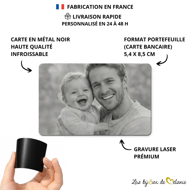 Caractéristiques Carte photo portefeuille personnalisée en métal noir, gravée au laser