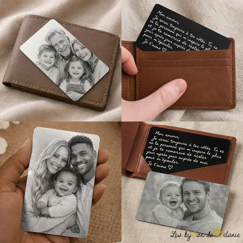 Carte photo portefeuille personnalisée en métal noir, gravée en France sous 24 à 48 h