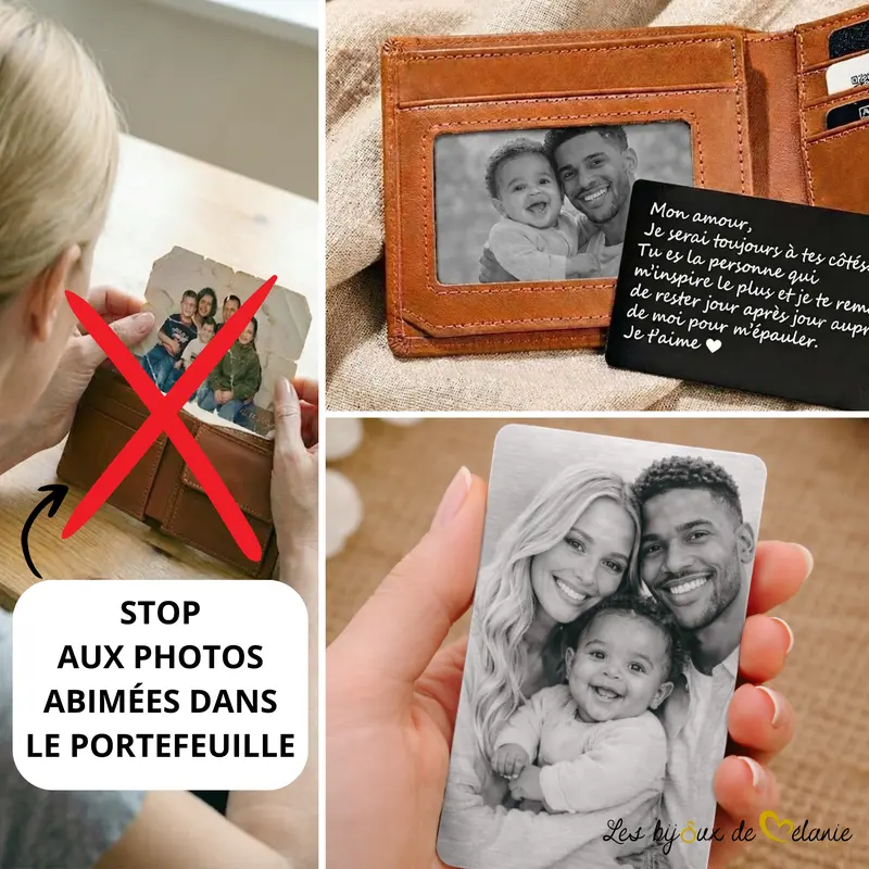 Carte photo portefeuille personnalisée en métal noir au format carte bancaire
