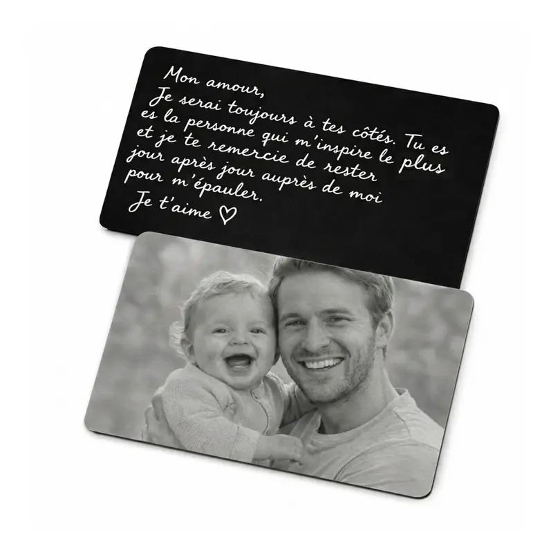 Carte photo portefeuille personnalisée en métal noir, gravée au laser