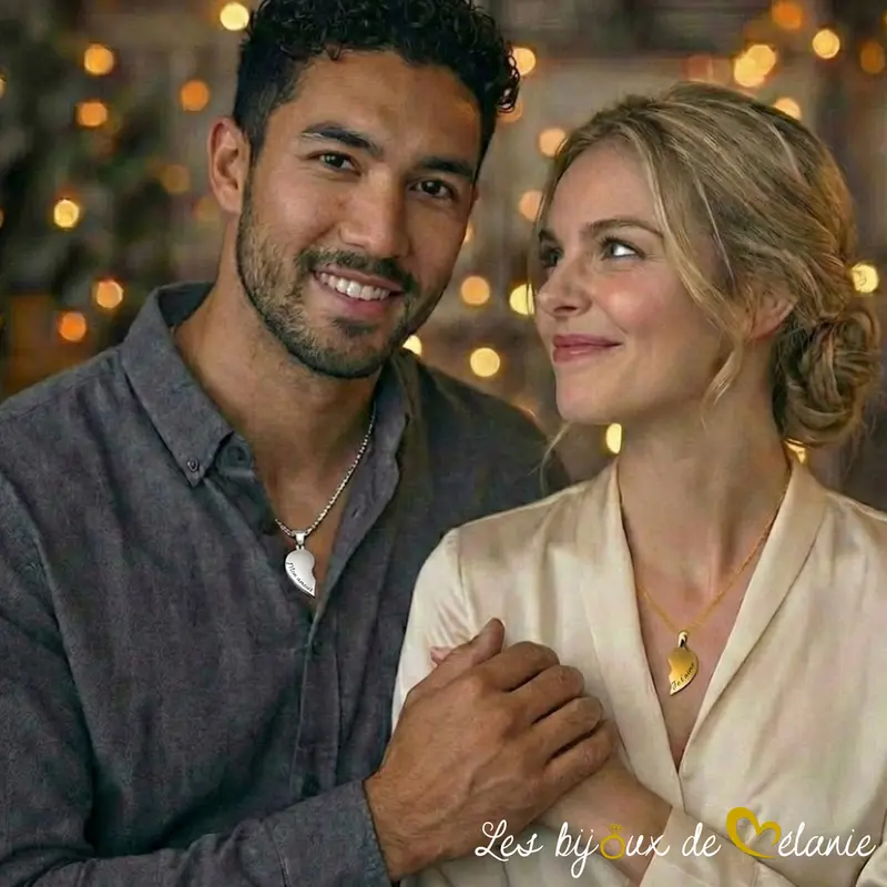 Photo d'un couple - Collier couple cœur personnalisé argent et or - Les bijoux de Mélanie