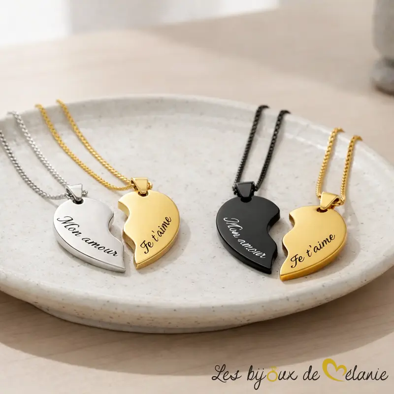 Duos de colliers couple cœur personnalisé noir et or et argent et or - Les bijoux de Mélanie