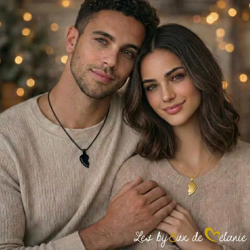 Photo d'un couple - Collier couple cœur personnalisé noir et or - Les bijoux de Mélanie
