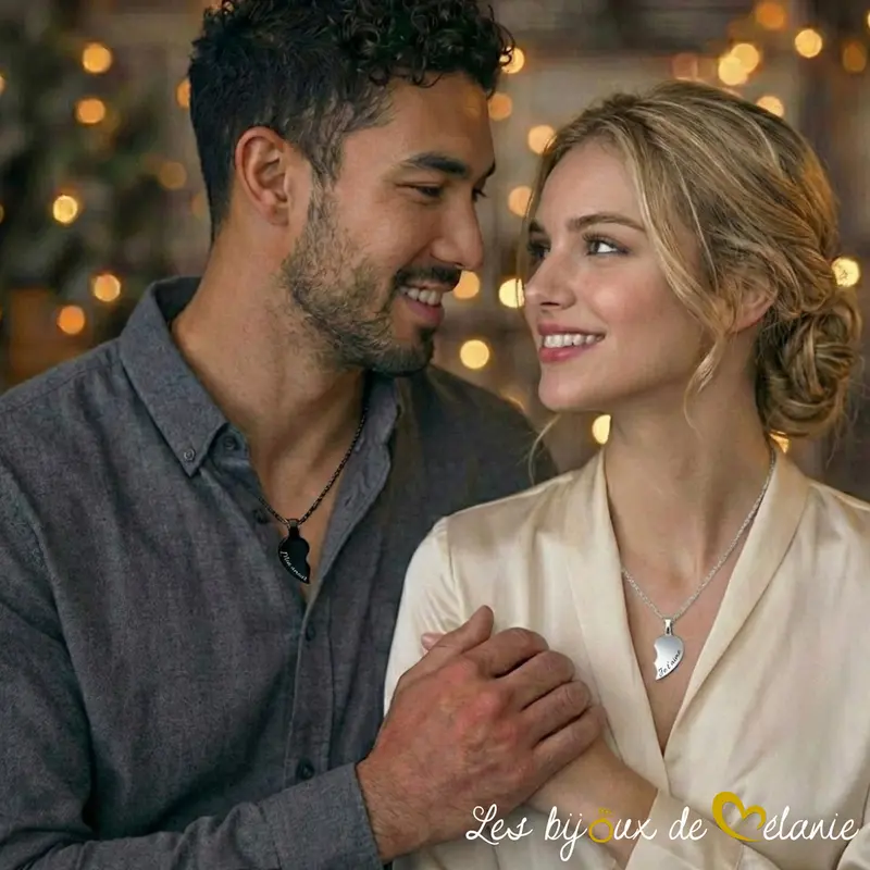 Photo d'un couple - Collier couple cœur personnalisé noir et argent - Les bijoux de Mélanie