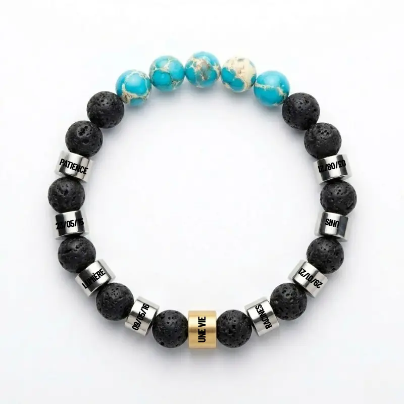 Bracelet personnalisé pierre de lave - 9 prénoms gravés - Les bijoux de Mélanie
