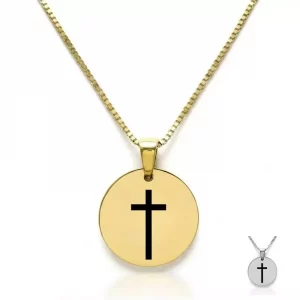 Collier Médaille Croix Personnalisé – Pendentif Religieux en Acier Inoxydable et Gravure Laser Recto-Verso