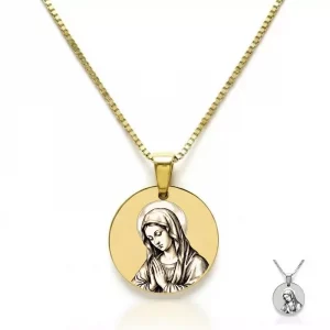 Médaille Vierge Marie en Acier Inoxydable – Collier de Protection Gravé au Laser – Qualité Chirurgicale