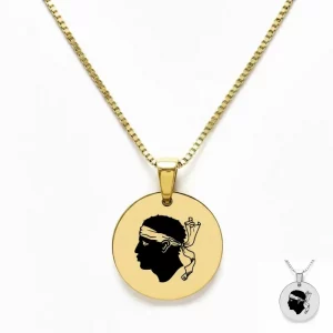 Collier Tête de Maure Corse en Acier Inoxydable – Gravure Personnalisée Recto-Verso et Fabrication Française