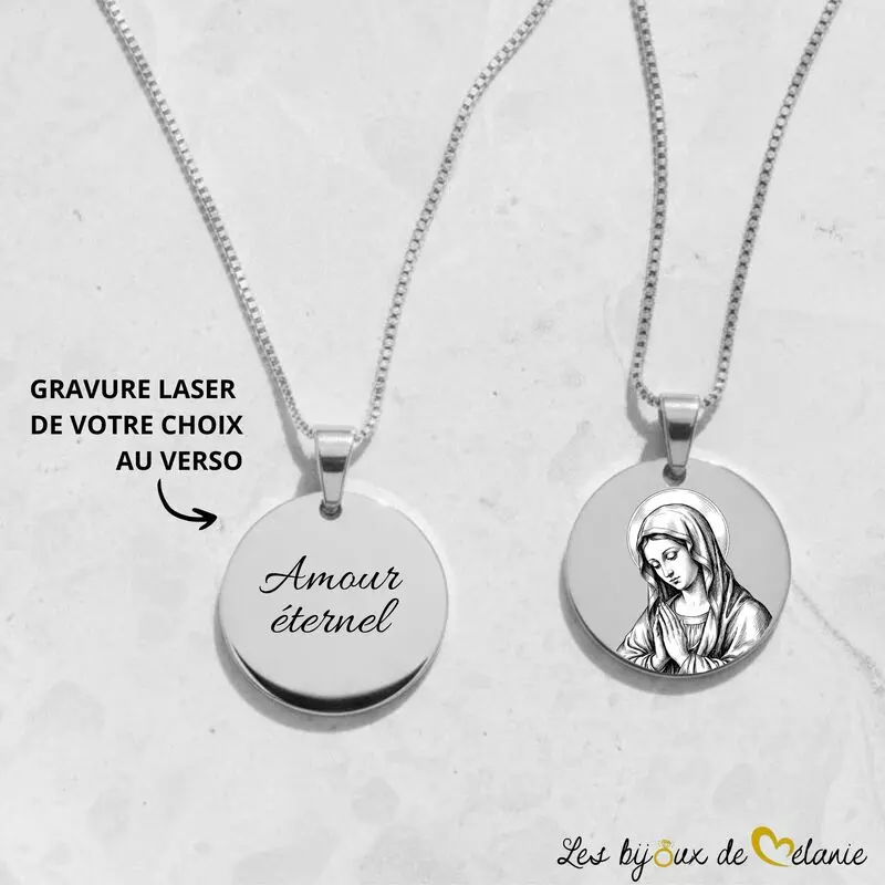 Médaille Vierge Marie personnalisée - Acier inoxydable argent - Les Bijoux de Mélanie