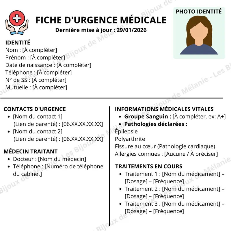 Informations médicales à intégrer au QR code - Les Bijoux de Mélanie