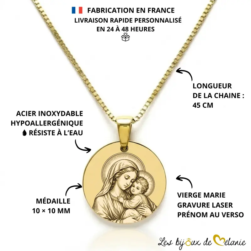 Caractéristiques - Médaille Vierge à l’Enfant personnalisée - Collier baptême gravé - Les Bijoux de Mélanie