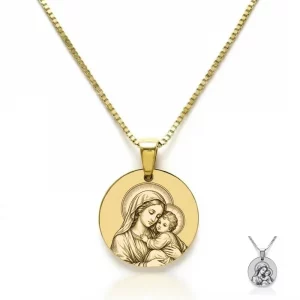 Médaille Vierge à l’Enfant personnalisée – Collier baptême gravé