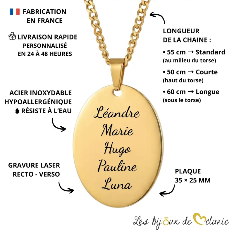 Collier médaille ovale personnalisée avec prénoms - Caractéristiques - Les Bijoux de Mélanie