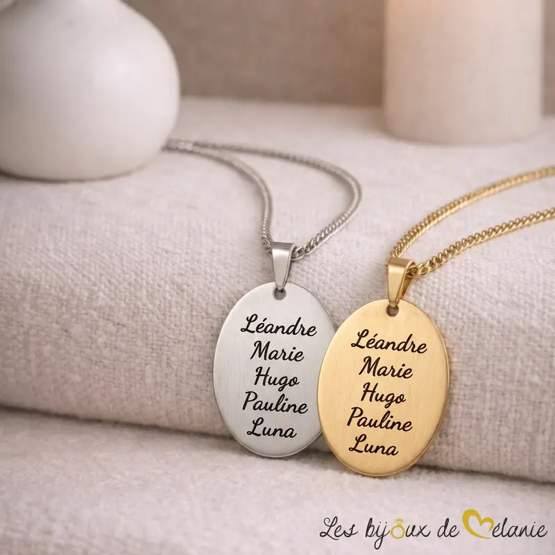 Collier médaille ovale personnalisée avec prénoms - Finitions or et argent - Les Bijoux de Mélanie