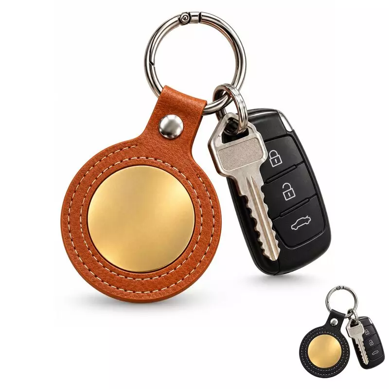Porte-clé en PU marron avec pièce dorée et aperçu du modèle noir – Les Bijoux de Mélanie