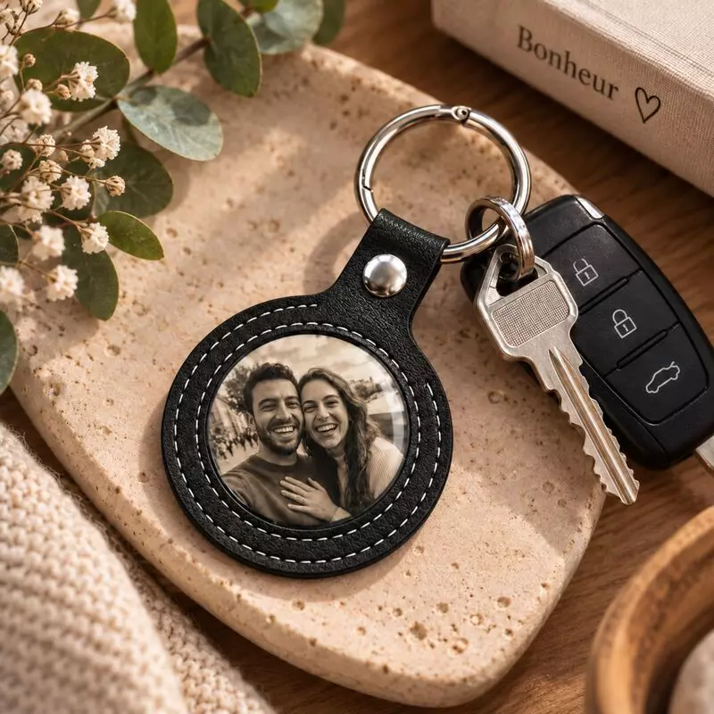 Porte-clé noir en PU avec pièce gravée représentant un couple, posé avec des clés – Les Bijoux de Mélanie